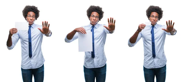 Colagem Afro Americano Jovem Homem Negócios Segurando Cartão Papel Branco — Fotografia de Stock