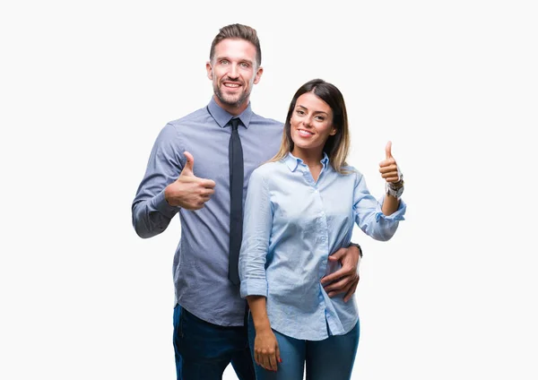 Young Workers Business Couple Isolated Background Doing Happy Thumbs Gesture — Stock Photo, Image