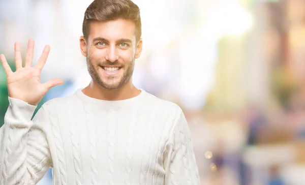 Joven Hombre Guapo Con Suéter Invierno Sobre Fondo Aislado Mostrando —  Fotos de Stock