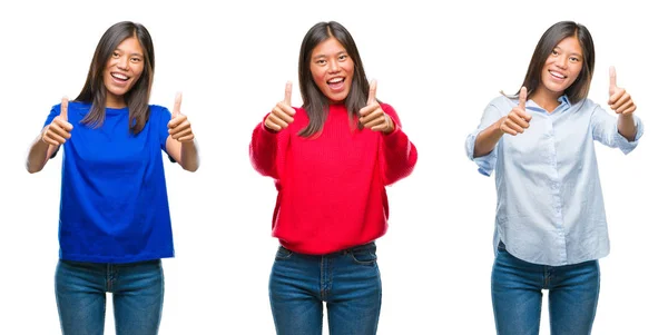 Colagem Asiático Jovem Mulher Sobre Branco Isolado Fundo Aprovando Fazendo — Fotografia de Stock