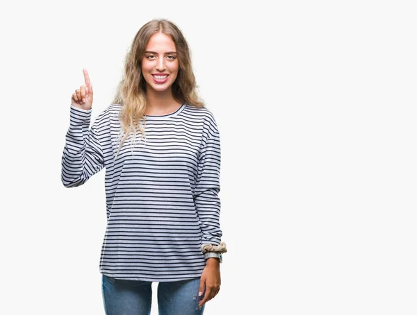 Beautiful Young Blonde Woman Wearing Stripes Sweater Isolated Background Showing — Stock Photo, Image