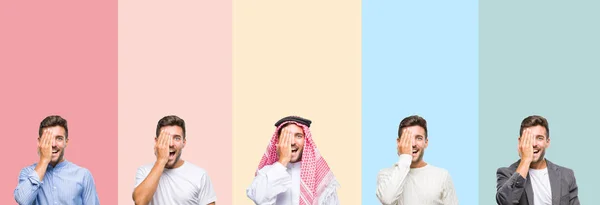 Collage Bel Giovane Strisce Colorate Sfondo Isolato Che Copre Occhio — Foto Stock