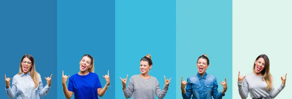 Collage Van Jonge Mooie Vrouw Blauwe Strepen Geïsoleerd Achtergrond Schreeuwen — Stockfoto