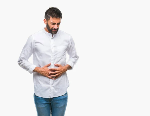 Homem Hispânico Adulto Sobre Fundo Isolado Com Mão Estômago Porque — Fotografia de Stock