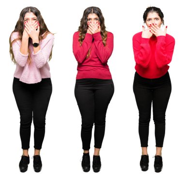Kolaj güzel genç kadın beyaz bir arka plan ağız hata için elleriyle kapsayan şok izole. Gizli kavramı.