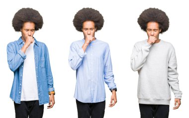 Kolaj üzerinde beyaz afro saçlı Genç adam bir soğuk veya bronşit için arka plan duygu hasta ve semptom olarak öksürük izole. Sağlık kavramı.
