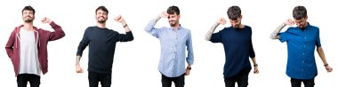 Genç adam geri, yorgun ve rahat, Uykulu ve erken sabah esneme germe izole arka plan üzerine kolaj