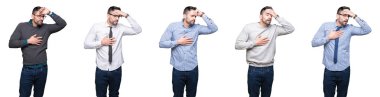 Beyaz adam yakışıklı iş kolaj izole arka plan dokunmadan hastalık ve ateş, grip ve soğuk, virüs hasta için alın