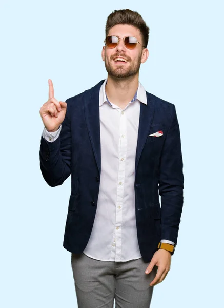 Young Handsome Elegant Man Wearing Sunglasses Fashion Blazer Pointing Finger — Stock Photo, Image