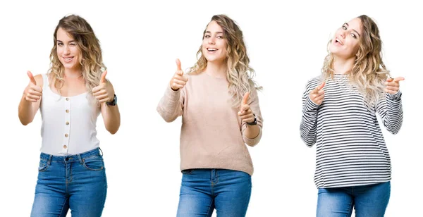 Collage Ung Vacker Blond Tjej Över Isolerade Bakgrund Pekande Fingrar — Stockfoto