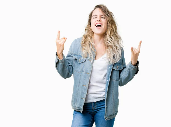 Schöne Junge Blonde Frau Trägt Jeansjacke Über Isoliertem Hintergrund Und — Stockfoto