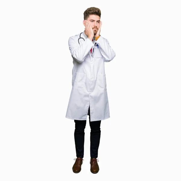 Young Handsome Doctor Man Wearing Medical Coat Tired Hands Covering — Stock Photo, Image