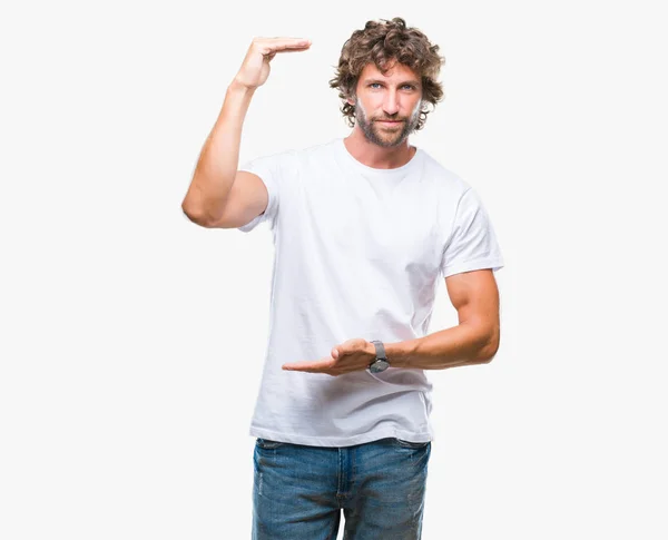 Handsome Hispanic Model Man Isolated Background Gesturing Hands Showing Big — Stock Photo, Image