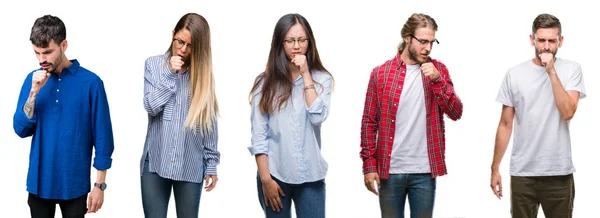 Collage Giovani Sfondo Bianco Isolato Sensazione Malessere Tosse Come Sintomo — Foto Stock