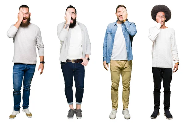 Collage Van Groep Jonge Mannen Witte Geïsoleerde Achtergrond Die Betrekking — Stockfoto