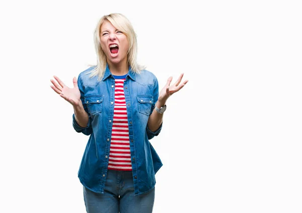 Junge Schöne Blonde Frau Trägt Jeansjacke Über Isoliertem Hintergrund Verrückt — Stockfoto