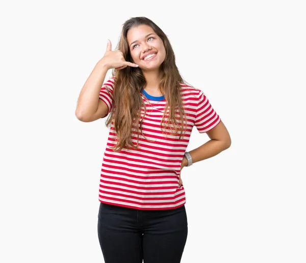 Young Beautiful Brunette Woman Wearing Stripes Shirt Isolated Background Smiling — Stock Photo, Image