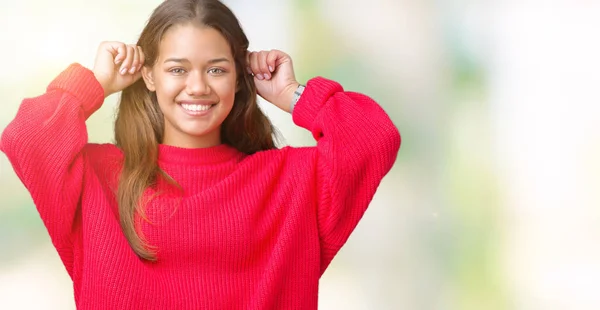 Junge Schöne Brünette Frau Rotem Winterpullover Über Isoliertem Hintergrund Lächelnd — Stockfoto