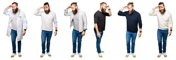 Collage Young Man Bun White Isolated Background Very Happy Smiling — Stock Photo, Image