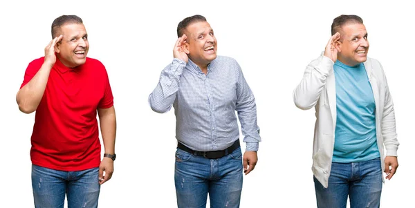 噂やゴシップに審理をリスニングの耳に手を浮かべて隔離された背景にアラブの中年男性の組成物 難聴の概念 — ストック写真
