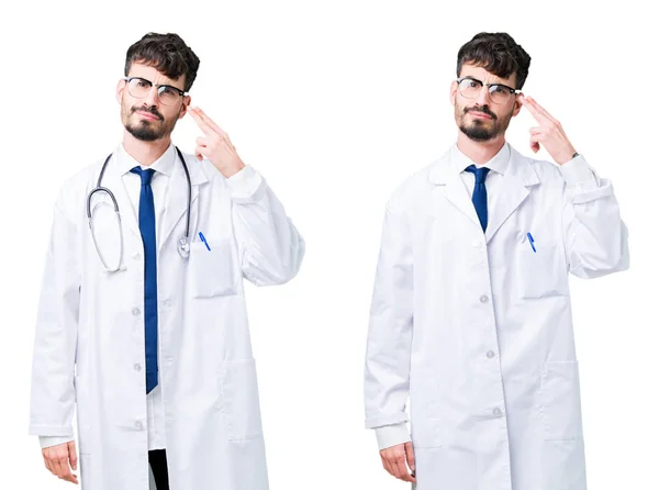 Collage Eines Jungen Arztes Arztkittel Der Schießt Und Sich Selbst — Stockfoto