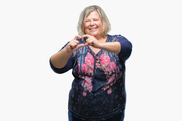 Senior Size Mulher Caucasiana Sobre Fundo Isolado Sorrindo Amor Mostrando — Fotografia de Stock