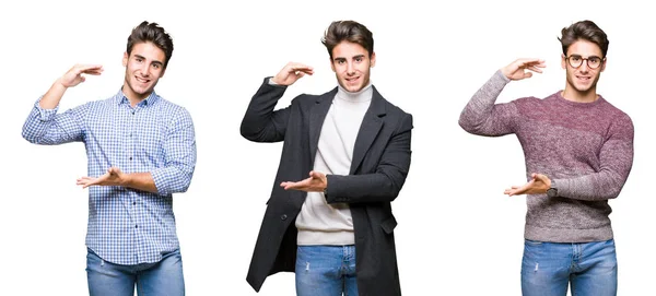 Collage Young Handsome Business Man Isolated Background Gesturing Hands Showing — Stock Photo, Image