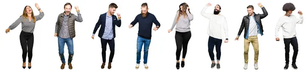 Collage People White Isolated Background Dancing Happy Cheerful Smiling Moving — Stock Photo, Image