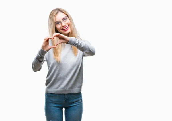 Jonge Mooie Blonde Vrouw Bril Geïsoleerde Achtergrond Glimlachend Liefde Met — Stockfoto