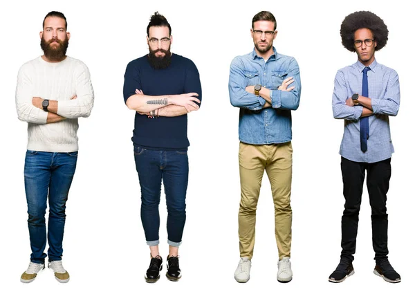 Collage Grupo Hombres Jóvenes Sobre Fondo Blanco Aislado Escéptico Nervioso — Foto de Stock