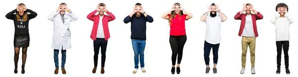 Colagem Pessoas Sobre Fundo Isolado Branco Fazendo Gesto Como Binóculos — Fotografia de Stock