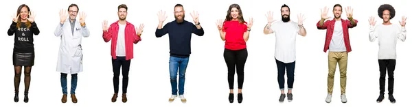 Коллаж Людей Белом Изолированном Фоне Показывающий Указывающий Пальцами Номер Девять — стоковое фото