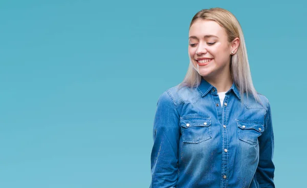 Junge Blonde Frau Mit Isoliertem Hintergrund Die Mit Einem Lächeln — Stockfoto