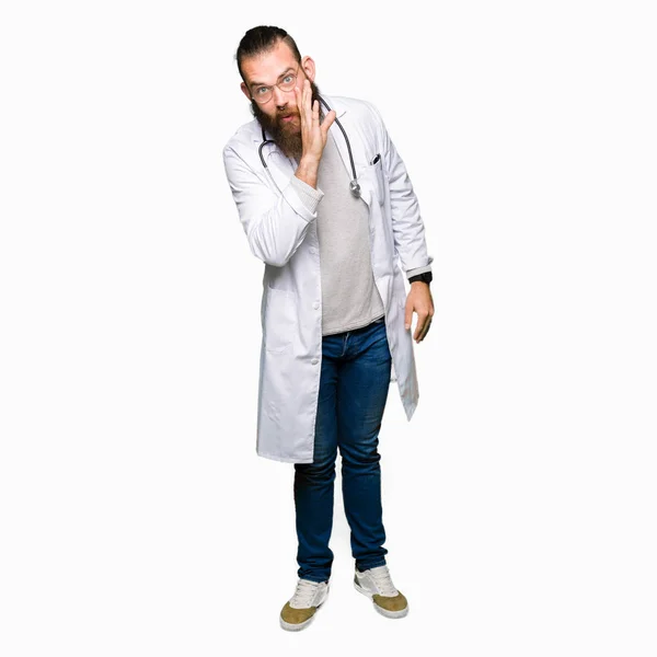 Young Blond Doctor Man Beard Wearing Medical Coat Hand Mouth — Stock Photo, Image