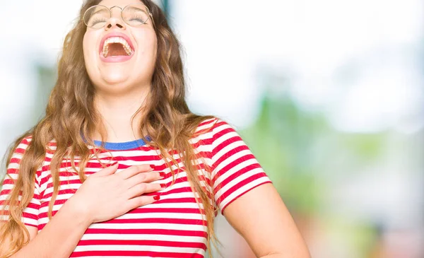 Young Beautiful Woman Wearing Glasses Smiling Laughing Hard Out Loud — Stock Photo, Image