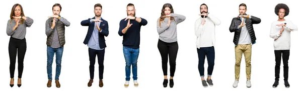 Collage Personas Sobre Fondo Blanco Aislado Haciendo Gesto Tiempo Fuera —  Fotos de Stock