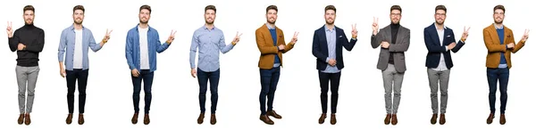 Collage Joven Hombre Negocios Guapo Con Diferentes Miradas Sobre Fondo —  Fotos de Stock