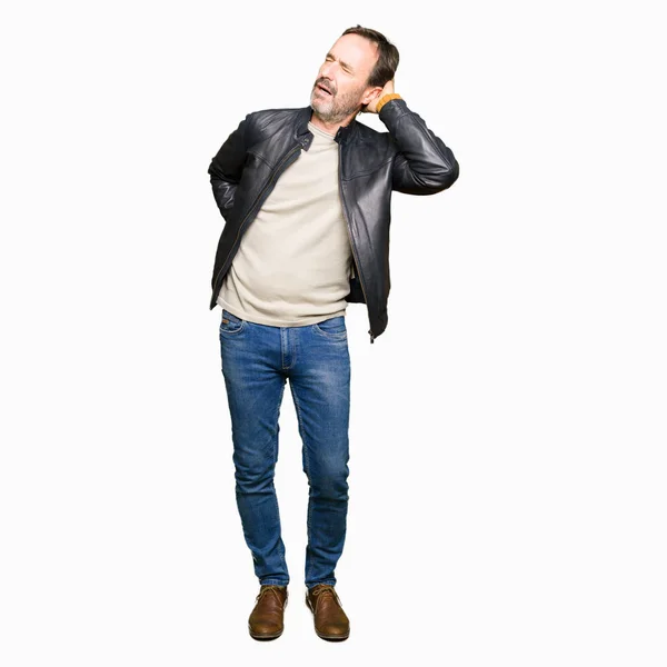 Middle Age Handsome Man Wearing Black Leather Jacket Suffering Neck — Stock Photo, Image