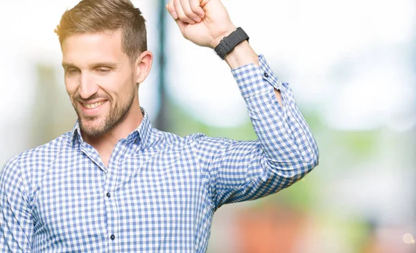 Handsome Business Man Blue Eyes Dancing Happy Cheerful Smiling Moving — Stock Photo, Image