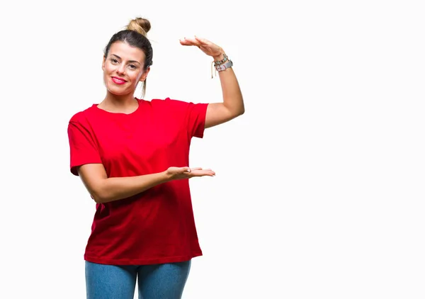 Joven Mujer Hermosa Sobre Fondo Aislado Gesto Con Las Manos —  Fotos de Stock