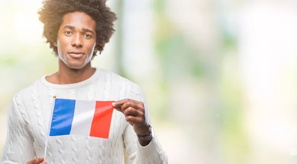 法国黑人男子国旗在孤立的背景下 在聪明的脸上自信的表达认真思考 — 图库照片
