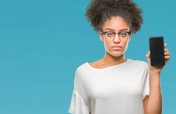 Young Beautiful Afro American Showing Smartphone Screen Isolated Background Confident — Stock Photo, Image