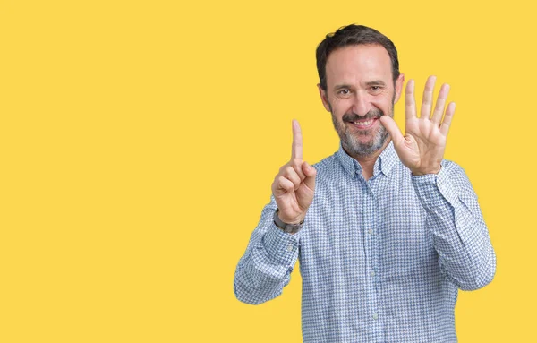 Bonito Homem Meia Idade Elegante Sênior Sobre Fundo Isolado Mostrando — Fotografia de Stock