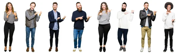 Collage Personer Över Vita Isolerade Bakgrund Peka Baksidan Bakom Med — Stockfoto