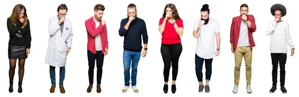 Collage Persone Sfondo Bianco Isolato Sensazione Malessere Tosse Come Sintomo — Foto Stock
