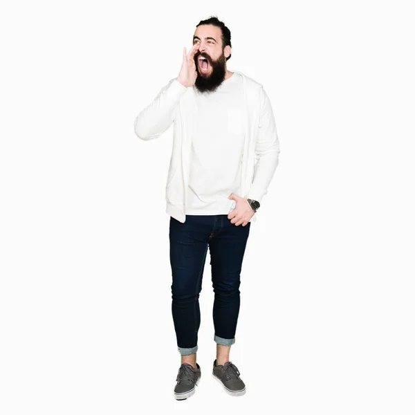 Jeune Homme Aux Cheveux Longs Barbe Portant Sweat Shirt Sportif — Photo