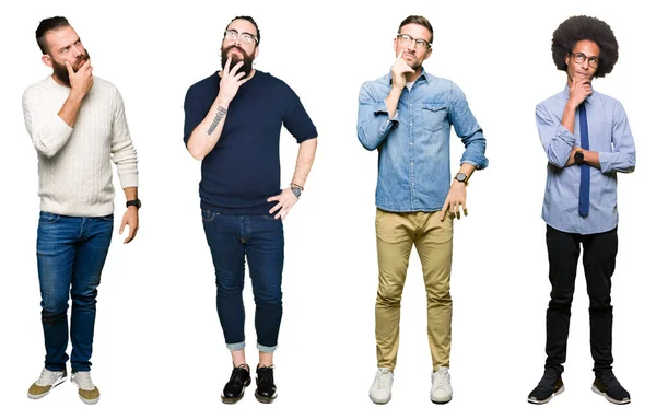 Collage Grupp Unga Män Över Vita Isolerade Bakgrund Med Hand — Stockfoto