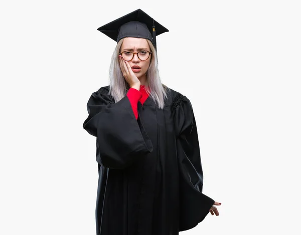 Young Blonde Woman Wearing Graduate Uniform Isolated Background Touching Mouth — Stock Photo, Image