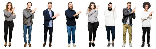 Collage Persone Sfondo Bianco Isolato Applaudendo Applaudendo Felici Gioiosi Sorridendo — Foto Stock