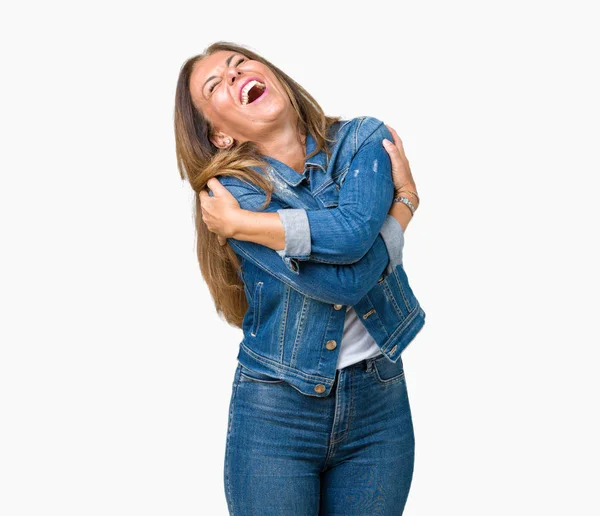 Hermosa Mujer Mediana Edad Con Chaqueta Mezclilla Casual Sobre Fondo —  Fotos de Stock